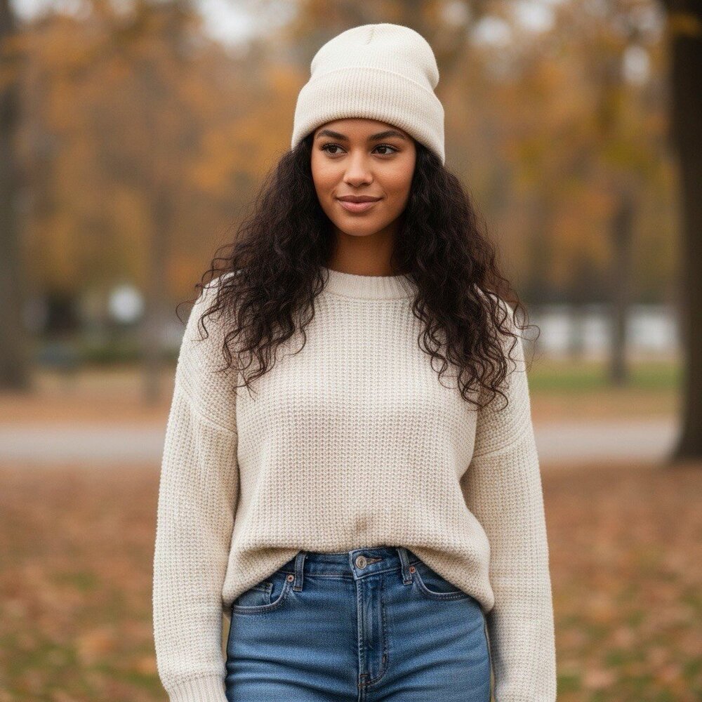 Handmade Upcycled 100% Cashmere Beanie Hat Soft Cozy Winter Knit Cap Cream